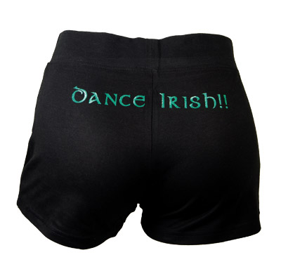 Girls Irish dance shorts with shamrock motif and ‘Dance Irish’ on rear
