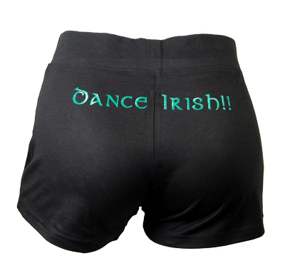 Ladies Irish dance shorts with shamrock motif and ‘Dance Irish’ on rear