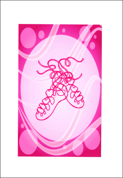Irish dancing pumps card with psychedelic background. Blank Inside.