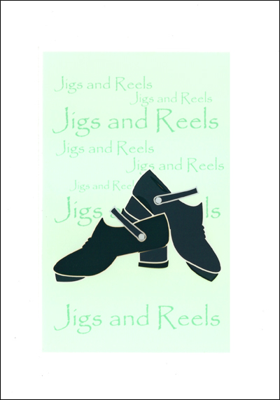 Irish jig shoe card with jigs and reels background. Blank inside